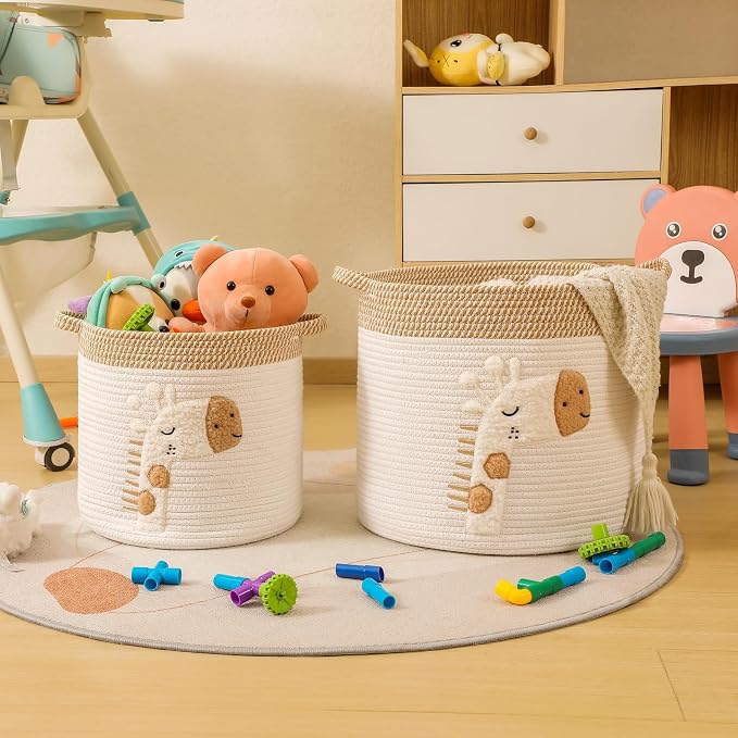 Large Blanket Baskets for Living Room Decor, Toy Storage Baskets 14" x 14" Woven Cotton Rope Basket for Kids, Dog Toys Organizer Clothes Hamper with Embroidery Decor for Nursery Laundry, Giraffe