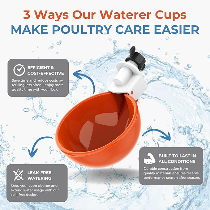 Lil'Clucker Large Automatic Chicken Waterer Cups | Chicken Water Feeder Suitable for Chicks, Duck, Goose, Turkey and Bunny | Poultry Water Feeder Kit (Orange, 8-Pack)