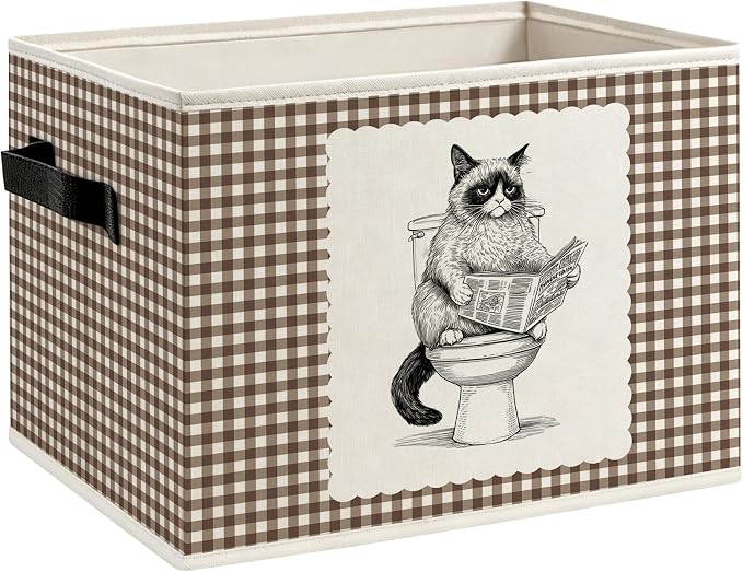 Funny Grumpy Cat Bathroom Foldable Storage Bins Box with Handles, Cat Lovers Gifts for Women Men, Boho Beige Gingham Kitty Decorative Storage Boxes Baskets Organizer for Washroom Bathroom