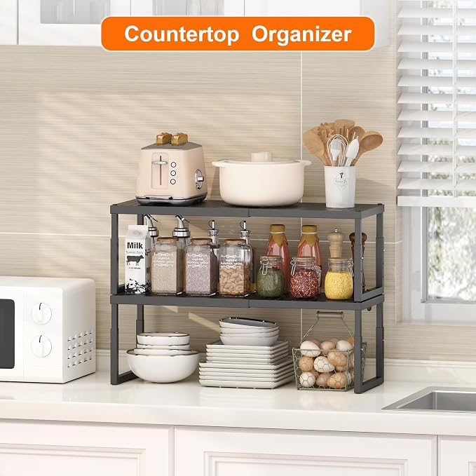 RUILALIFE Expandable-Stackable-Shelf-Organizer-For-Cabinet Pantry Closet,Kitchen Counter Shelf With Adjustable Height, Metal Storage Shelf Riser Spice Rack For Cupboard Countertop