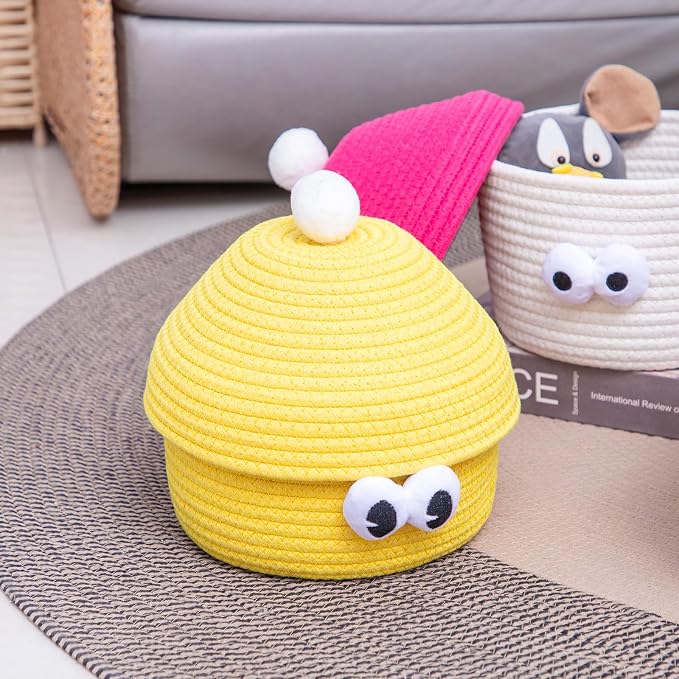 Cartoon Big Eye Cotton Rope Storage Basket with Lid, for Kids Room, Living Room, Bedroom, (Yellow)