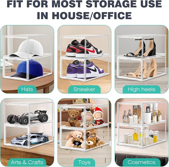 12 Pack Drop-Front Clear Acrylic Shoe Organizer, Fits Shoe Box Size 13 | Stackable Shoe Tower with Magnetic Door Large Storage Bins for Sneaker Containers Display & Closet Organization