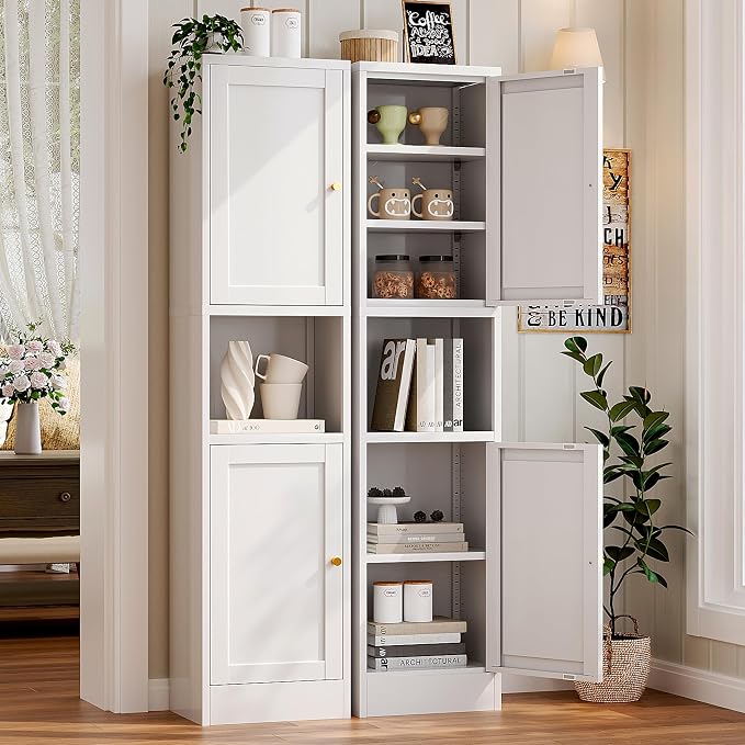 67" H Tall Bathroom Cabinet,Narrow Pantry Cabinet,Tall Narrow Bathroom Storage Cabinet, Metal Cabinet, White Floor Cabinet,Skinny Storage Cabinets with 4 Adjustable Shelves