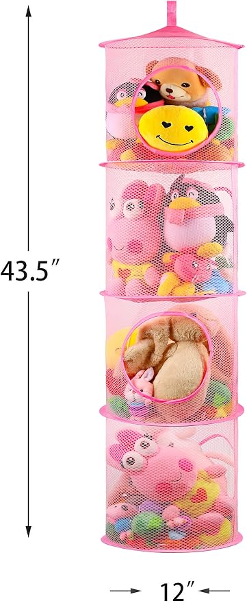 Hanging Stuffed Animal Storage Hammock Net 4 Tiers, Pink | Hanging Mesh Storage Organizer for Kids Room, Holds Plushies, Gloves, Hats, Socks, Foldable Space-saving Design