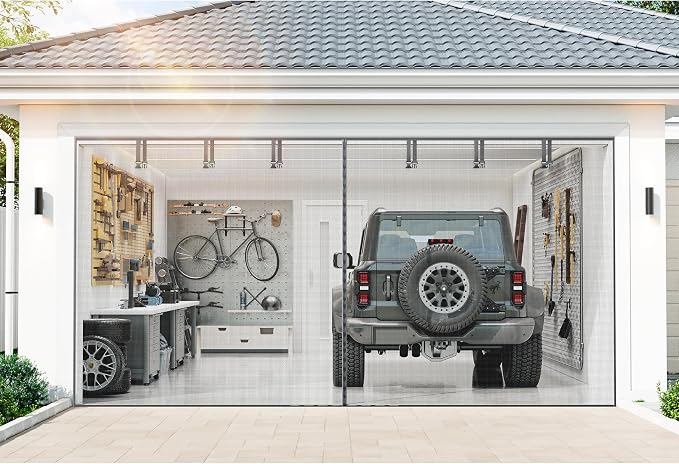 Garage Door Screen for 2 Car - Heavy Duty Magnetic Garage Screen Door Mesh | Fiberglass Garage Net Sceen with 6 Roll Up Straps, Patio Screen Keeps Bugs & Mosquitos Out Fits Garages Doors Size 9x7 Ft