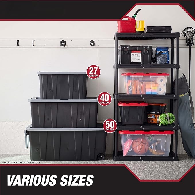 27 Gallon Heavy Duty Plastic Storage Bin With Latch Lid, Black Base & Gray Stackable Lockable Container With Ergonomic Handles For Garage Basement Shed Indoor & Outdoor Gear Organizer