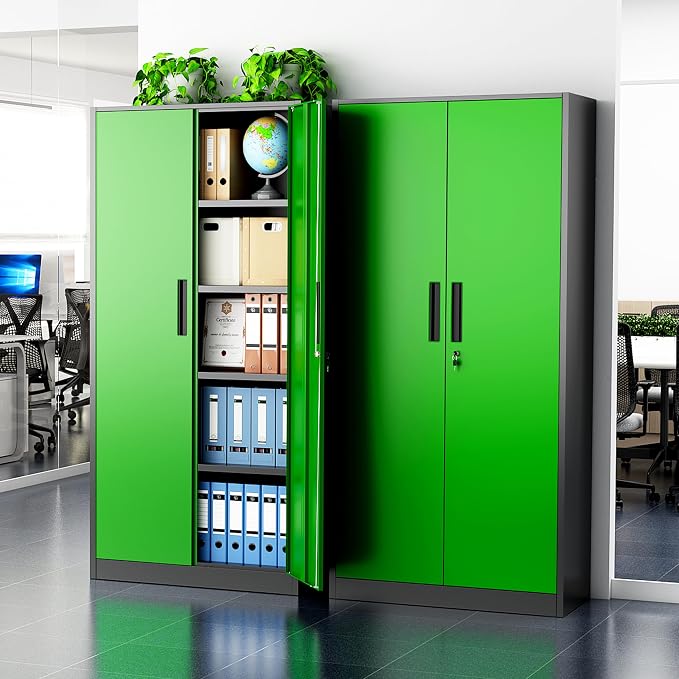 Greenvelly Metal Storage Cabinet with Doors and Shelves, 72" Inch Locking Metal Cabinet,Garage Storage Cabinet for Garage Office School Warehouse (Black Green)