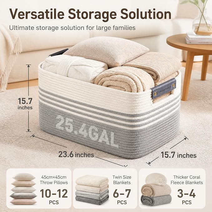 Cotton Rope Laundry Basket Extra Large, 25.4GAL Collapsible Woven Storage Baskets for Living Room Kids Toys Stuffed Animal,Boho Rectangular Decorative Hamper for Dirty Clothes, Blankets White Grey