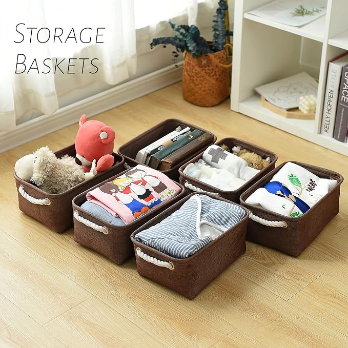 Storage Basket for Organizing - 12x8x5 inch Small 6 Pack Collapsible Storage Bin for Shelves with Handles, Canves Storage Box for Cloth Closet Organizer Gift Toy (Brown)