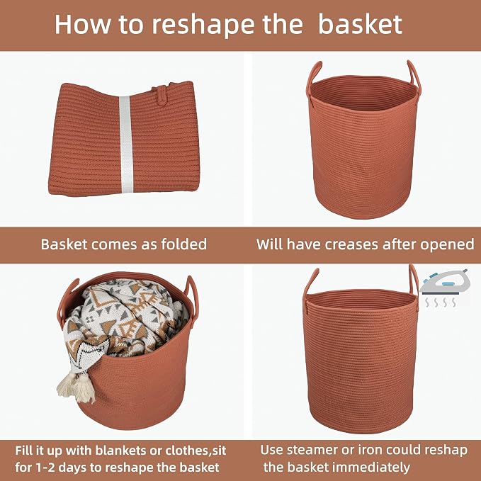 XUANGUO Cotton Rope Laundry Basket Hamper for Clothes Large Rust Red | Baby Nursery Hamper Bin and Woven Storage Basket for Living Room Bedroom Boho Tall Rope Baskets Blankets Toys Pillows Towels