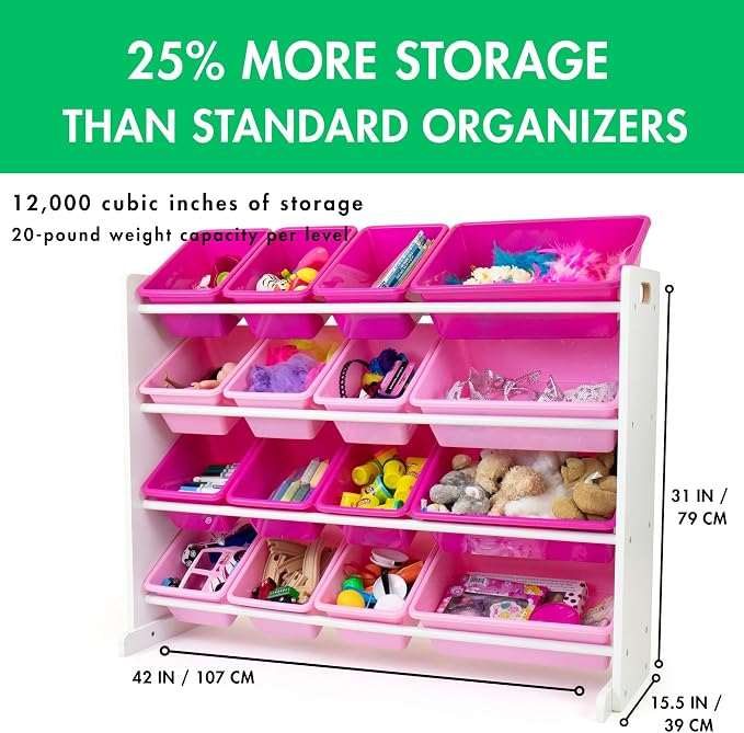 Humble Crew Supersized Toy Storage Organizer with 16 Removable Bins, White/Pink – Large Toy Storage for Toddlers Ideal for Kids' Rooms, Playrooms, and Nurseries - Modern Toy Bins for Kids