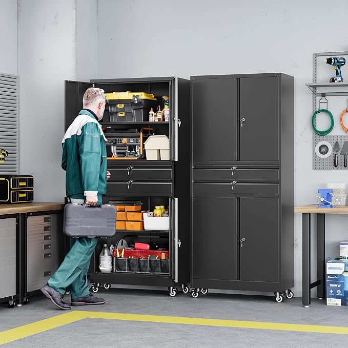 Metal Garage Storage Cabinet with Wheels,Rolling Tool Cabinet with 4 Door Lock-Adjustable Shelves and 2 Drawer for Garage Home Office Utility Room (Black with Wheels)
