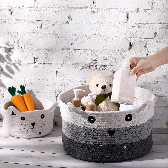 Zopeal Cat Woven Gift Basket Storage,13.7 x 7.8 Inch,Dark Gradient | Cute Cotton Rope Organizer with Handles for Toy Box, Nursery Decor, Decorative Bin, Pet Supplies Holder, Desk Storage