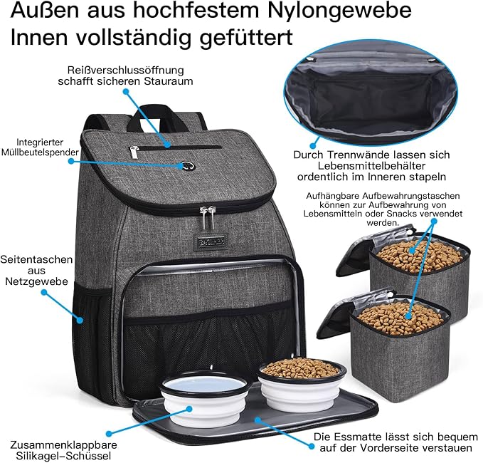 BAGLHER丨Dog Travel Bag, Airline Approved Pet Supplies Backpack, Dog Travel Backpack Accessories Set with 2 Silicone Collapsible Bowls and 2 Food Baskets, Gray