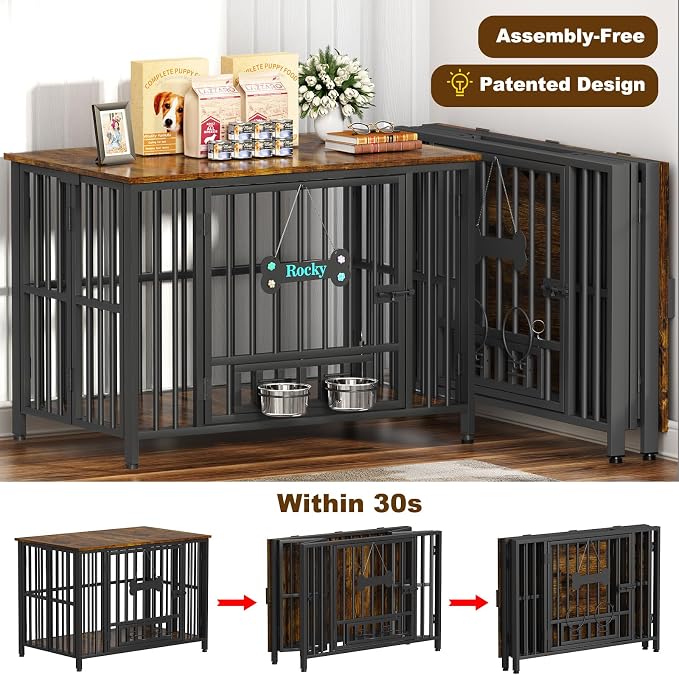 Easycom Foldable Dog Crate Furniture for Large Dogs 35-60 lb, Rustic Brown | Dog Cage with Adjustable Bowls and Name Tag, No Assembly Decorative Wooden Dog Kennel Indoor, End Table