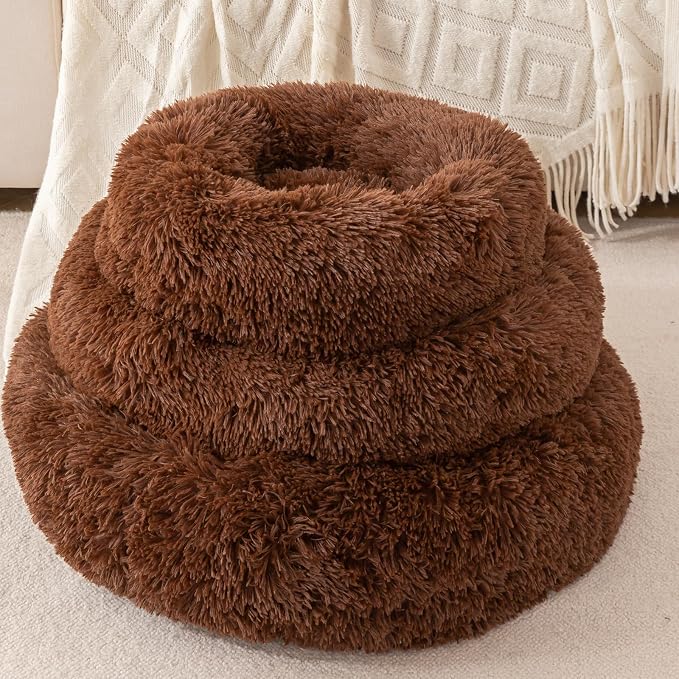 Soft Plush Round Pet Bed for Cats or Small Dogs, Mini Sized Dog Cat Bed | Soft Long Shag Faux Fur, Warming Cushion, Anti Slip Water Resistant Base, Machine Washable for Kittens, Ferret, Bunny Pets