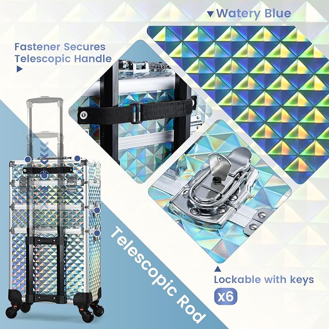 Rolling Makeup Train Case Cosmetology Case on Wheels 3 in 1 Blue | Cosmetic Trolley Large Storage with Keys 360° Swivel Salon Barber Case Traveling Cart Trunk for Artist Hairstylists Nail Tech