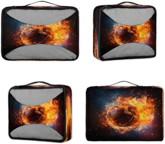 Fire Basketball Packing Cubes for Travel, Luggage Packing Organizers, Burning Ball Travel Accessories Large Toiletries Bag for Clothes Shoes Cosmetics Toiletries