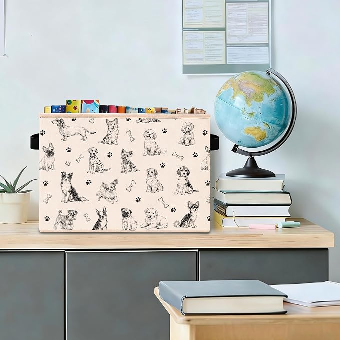 Dog Pattern Storage Bin, Foldable Fabric Organizer Basket | Dog pattern storage bin with breed sketches, paw prints, bones, foldable fabric design and side handles.