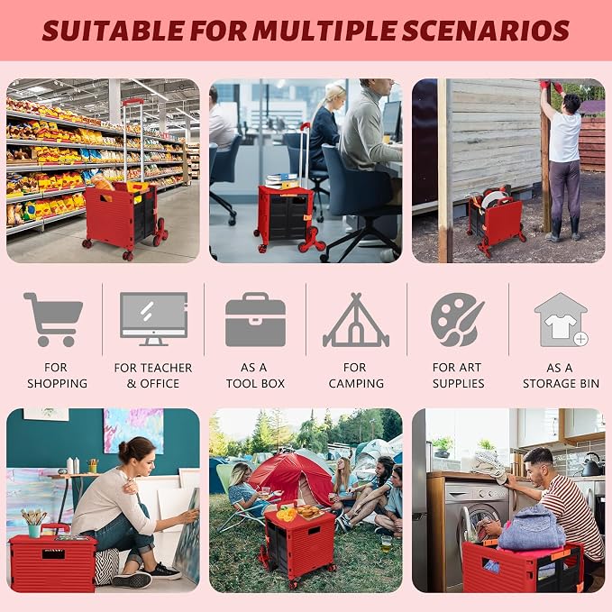 FELICON SELORSS Folding Utility Climber Cart Portable Rolling Crate-Red | Stair Climbing Wheels+360°Swivel Wheels,Telescoping Handle,Plastic Box Dolly for Travel Shop Move Laundry Office Teacher Use