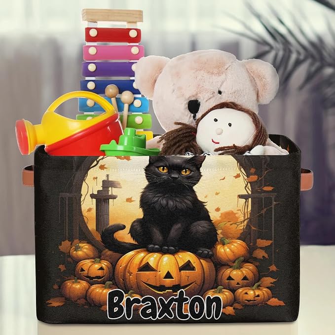 Custom Rectangular Baby Storage Basket, Kids Toys Bin, Books Shelf Basket, Clothes Towel Storage Bin for Nursery, Gift Basket, Pet Basket, Halloween Cat Pumpkins Maple Leaves