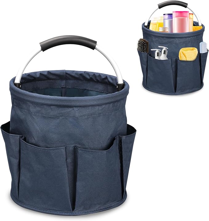 17L Cleaning Caddy, Portable Cleaning Supply Bucket, 6 Pockets Foldable Cleaning Supplies Organizer with Handle, Cleaning Caddy Bag for Cleaning Products (Navy Blue)