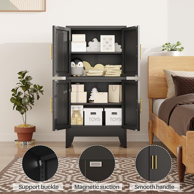 47” Black Metal Bathroom Storage Cabinet, Kitchen Pantry Cabinet | Steel Storage Cabinet with Doors and 3 Adjustable Shelves, Bathroom cabinets Organizer, for Home Office, Bedroom