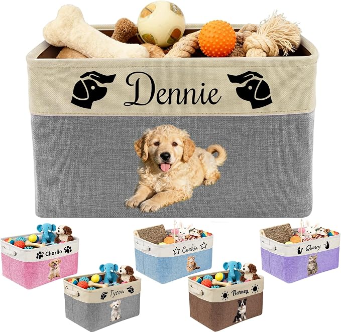 Amlion Personalized Dog Toy Basket Storage,Custom Pet Collapsible Bins with Name Photo Customized Box Organizer for Toys Dolls Clothing - Gray