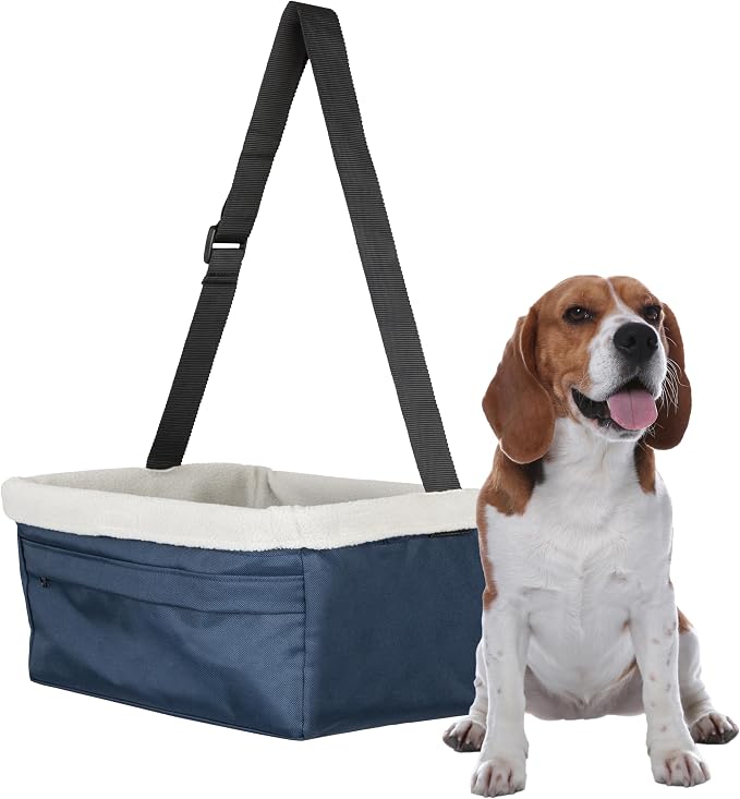 PetSafe Happy Ride Dog Booster Seat, Navy Blue, Up to 25 Lb | Raises Small Dogs to Window Height In Most Cars, Connects to Seatbelt with Safety Tether, Fleece Liner Is Machine Washable