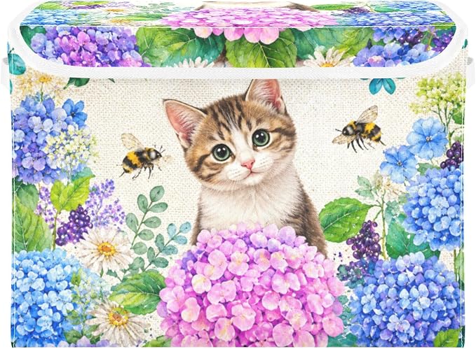 Fabric Storage Bins with Lid Cat Bloom Closet Storage Basket 40L | Decorative Storage Boxes, Foldable & Stackable, Dust-Proof Flip Top, Reinforced Handles, For Home & Dorm, Clothes & Toy Box