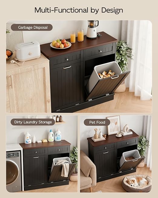 Betterhood Double Tilt Out Trash Cabinet with Power Outlet & USB, Hidden Garbage Can Holder with 2 Storage Drawers, Wooden Laundry Hamper for Kitchen, Bathroom, Living Room, Black