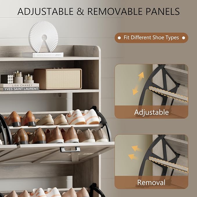Xixini Shoe Storage Cabinet with 4 Flip Drawers, Entryway Shoe Rack, Grey | Freestanding Narrow Shoe Storage, Hidden Slim Wood Shoe Organizer, Modern Farmhouse, Open Storage & Hooks for Closet, Hallway