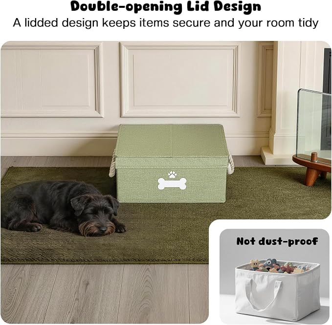 Dog Toy Basket with Double-Open Lid, Divided Dogs Basket for Toys, Collapsible Pet Toy Box, Dog Storage Organizer with 2 Divided Area, Puppy Toys Baskets with Rope Handles, Green