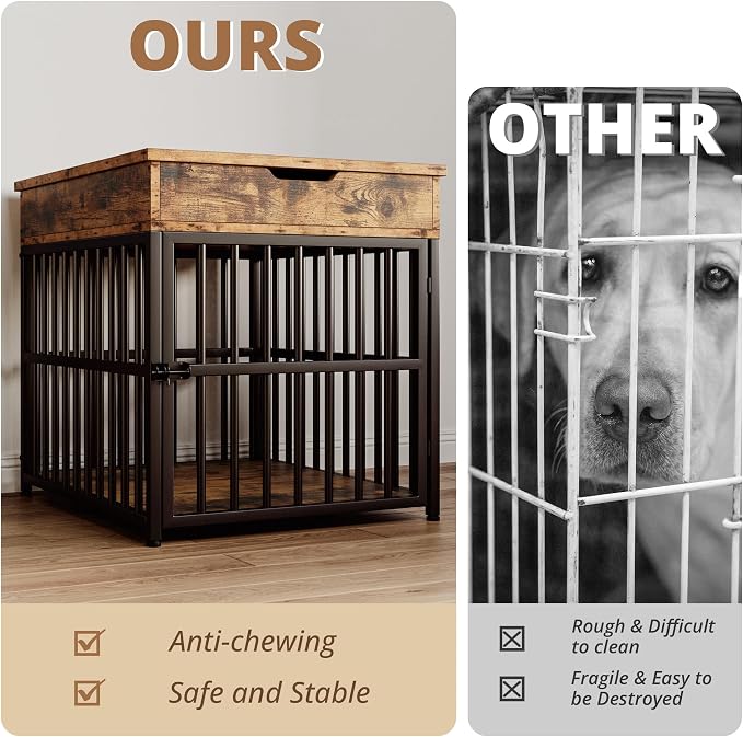 IRONCK Dog Crate Furniture for Small Dogs, Rustic Brown | Wooden Dog Kennel with Flip Top Drawer, Indoor Pet Crate End Table with Charging Station, Steel-Tube Dog Cage