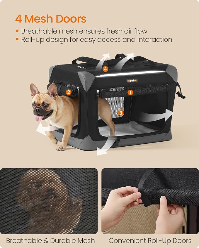 Feandrea Collapsible Dog Crate, Portable Oxford Fabric Pet Travel Crate with 4 Mesh Doors, Handles, Pocket, 24 Inches, for Small Dogs, Ink Black and Dove Gray UPDC026BH01