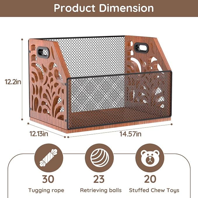 Dog Toy Basket, Chew-Proof Dog Toy Box, Wooden Pet Toy Storage | Spacious Toy Storage Bin for Pet Toys, Treats & Home Supplies, Toy Box for Living Room