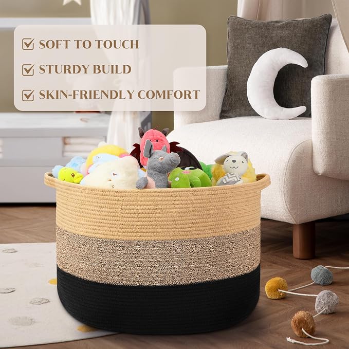 Maliton Woven Rope Blanket Basket Living Room, Storage Basket for Toy, 90L | 22"x14" Cotton Rope Basket. Holds Blankets, Toys & Towels & Laundry. For Bedroom, Nursery, Bath & Playroom. Soft & Durable