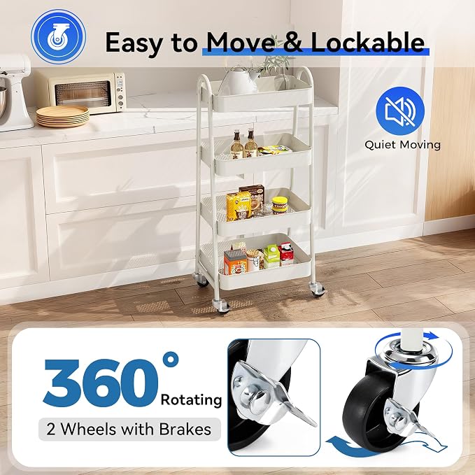 OLIXIS Metal 4 Tiers Rolling Storage Utility Cart with Lockable Wheels | Mobile Organizer Shelf, Space-Saving, Freestanding, Bathroom, Living Room, Slim, Narrow Corner Spaces, White