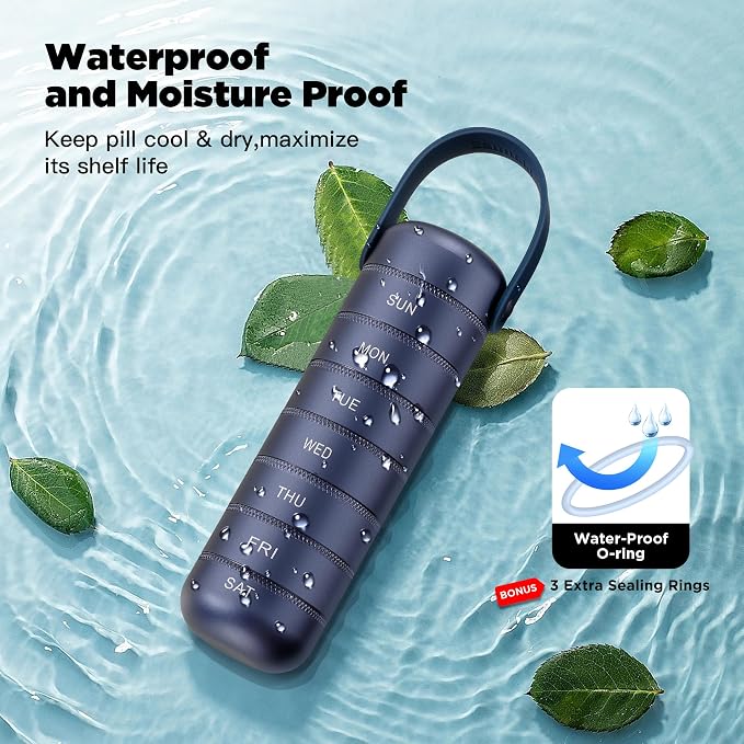 Zannaki Metal Weekly Pill Organizer, Large Travel Pill Box 7 Day, Waterproof Daily Pill Case with Silicone Handle, Aluminum Alloy Portable Pill Holder Container for Vitamin, Medicine, Supplement,Pills