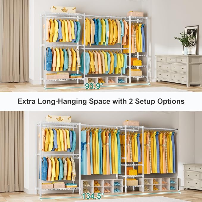 SEMHOR E01 Expandable Heavy Duty Clothes Rack, Free Standing Closet System | Adjustable Closet Organizers and Storage, Portable Garment & Clothing Racks for Hanging Clothes, 800LBS Max Load, White