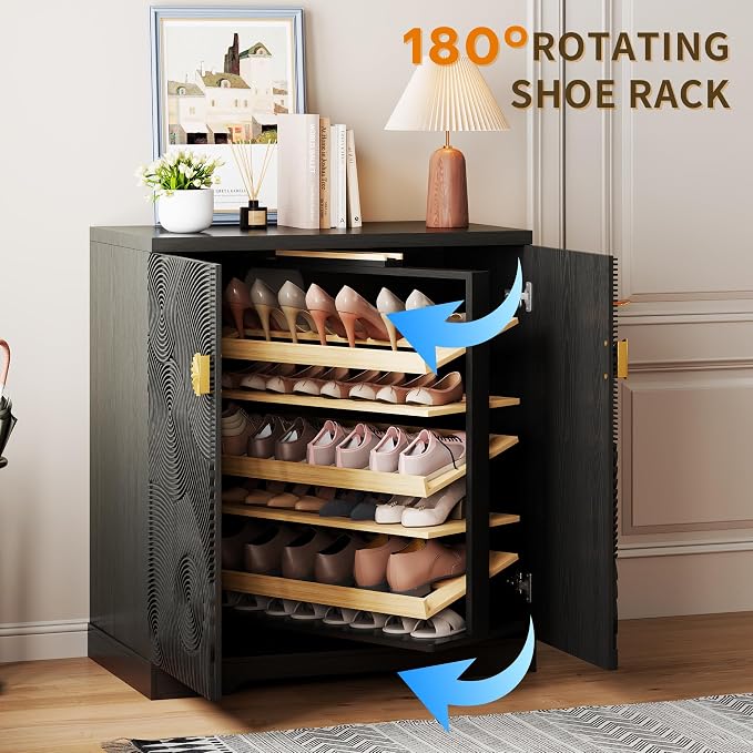 Vlsrka Shoe Storage Cabinet with Doors and 6 Tier Rotating Shelves, Black | Suitable for 18 Pairs Shoe Organizer, Freestanding, Pull Out Shoe Rack, Wooden Entryway Cabinet for Hallway, Closet, Indoor