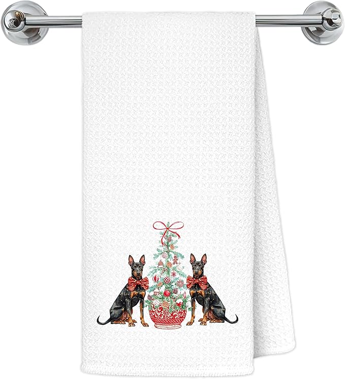 Red Chinoiserie Christmas Doberman Dog Kitchen Towels, Doberman Gifts Dish Tea Towels for Kitchen Decor, Grandmillennial Christmas Red Bow Xmas Dog Hand Towel for Bathroom Decor, 16x24 Inch