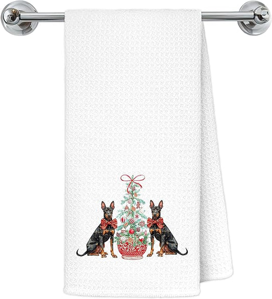 Red Chinoiserie Christmas Doberman Dog Kitchen Towels, Doberman Gifts Dish Tea Towels for Kitchen Decor, Grandmillennial Christmas Red Bow Xmas Dog Hand Towel for Bathroom Decor, 16x24 Inch