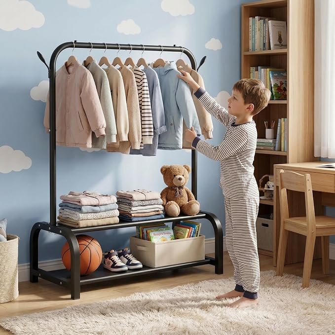 Kids Clothes Rack for Ages 3-6, Montessori Kids Clothing Rack, Black | Kids Dress up Rack with 2 Fabric Storage Shelves & Hooks, Toddler Dress Up Rack for Costumes, Princess Dresses and Shoes