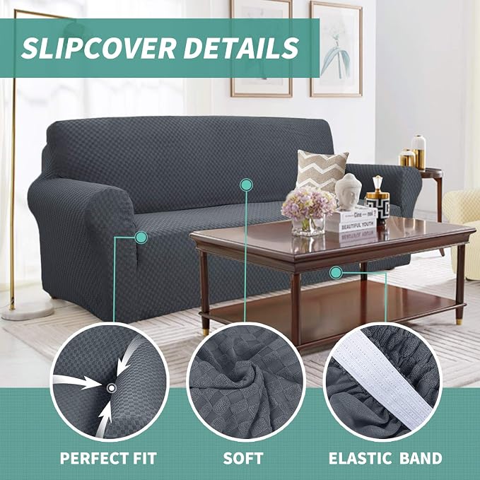 YEMYHOM Couch Cover Latest Jacquard Design High Stretch Sofa Covers for 2 Cushion Couch, Pet Dog Cat Proof Loveseat Slipcover Non Slip Magic Elastic Furniture Protector (Medium, Dark Gray)