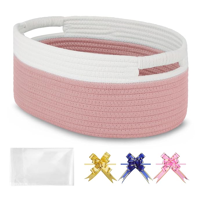 Small Woven Gift Basket with Bag & Ribbons, Dusty Pink | Cotton Rope, 13”x 9”x 5.5”, Fits for Kids, Women & Men, Bedroom, Living Room, Nursery & Bathroom Storage, Cat & Dog Toy Boxes