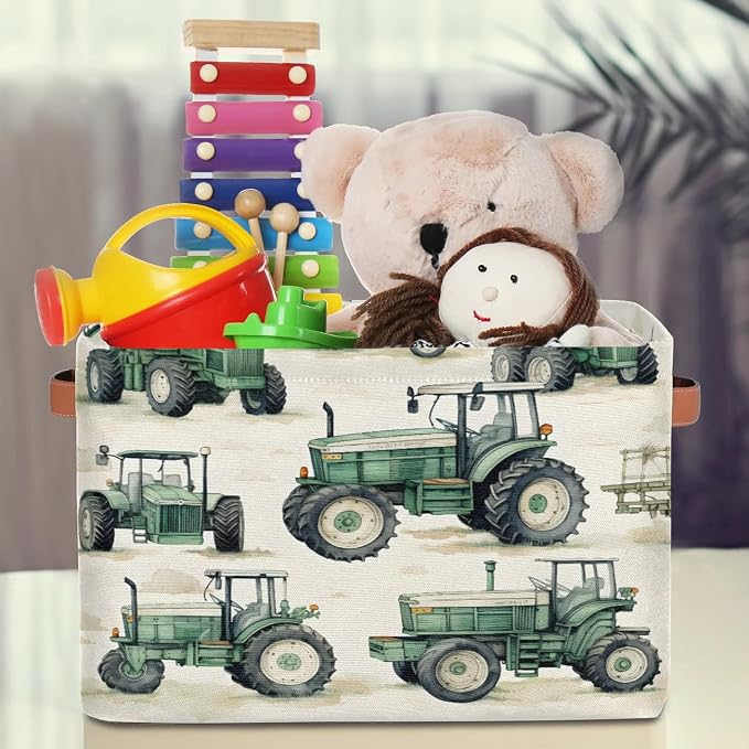Farmhouse Tractor Truck Storage Boxes Theme Storage Nursery Baskets with Handle Closet Collapsible Organizer Shelf Bins for Book Cloth 15 X 11 X 9.5 IN