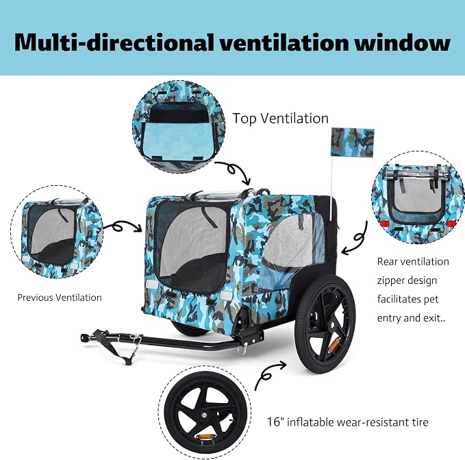 KEIKI Dog Bike Trailer with Built-in Leash, Pet Stroller Cart Bicycle Carrier, Easy Folding Cart Frame with Front Caster & 16" All-Terrain Wheels & Universal Hitch, Supports up to 66 lbs