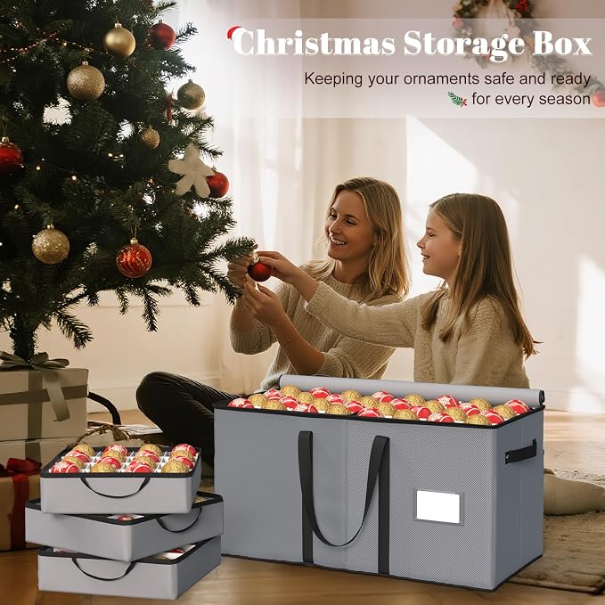 Keten Large Christmas Ornament Storage Boxes with Adjustable Dividers | Stores up to 128 Holiday Ornaments 3-Inch, 8 Individual Trays with Handles,48 Dividers, Zippered Lid, 600D Oxford (Grey)