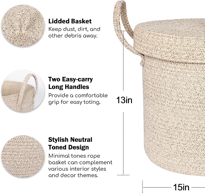 15”x13” Storage Basket with Lid, Blanket Storage for Living Room, Woven Cotton Rope Bin with Cover, Kids Dog Toy Box, Baby Laundry Basket with Lid, Covered Blankets Pillows Holder, Brown